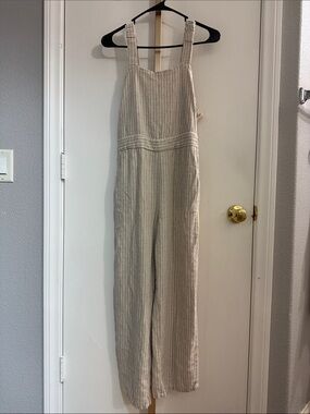 Beige Striped Linen Jumpsuit Overalls